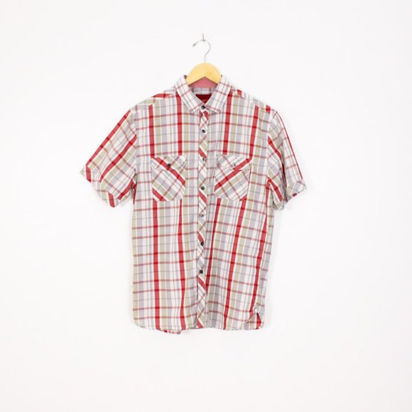 *Alfani Mens Beige & Red Plaid Short Sleeve Button Up - Picture 1 of 4